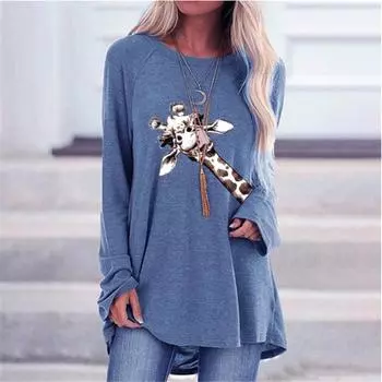 Женская осенняя удобная футболка с круглым вырезом и длинными рукавами больших размеров, повседневная мешковатая футболка средней длины, топ XS синий