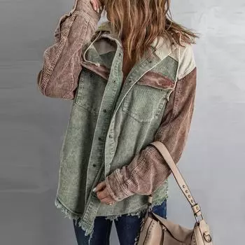 Женская осенняя вельветовая куртка с капюшоном и длинными рукавами с пряжкой и капюшоном с карманом M зелёный