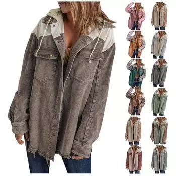 Женская осенняя вельветовая куртка с капюшоном и длинными рукавами с пряжкой и капюшоном с карманом XL хаки