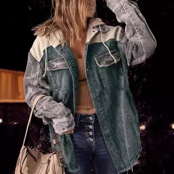 Женская осенняя вельветовая куртка с капюшоном и длинными рукавами с пряжкой и капюшоном с карманом S зелёный