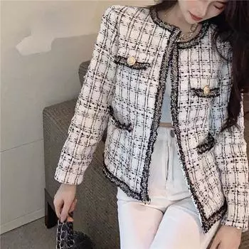 Женская осенняя винтажная повседневная твидовая куртка с небольшим ароматом, пальто L белый