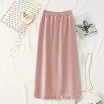 Женская осенняя зимняя юбка, трикотажная эластичная высокая талия, сплошной цвет, декор с кисточками, прямая плиссированная противоусадочная юбка средней длины средней длины серый