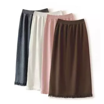 Женская осенняя зимняя юбка, трикотажная эластичная высокая талия, сплошной цвет, декор с кисточками, прямая плиссированная противоусадочная юбка средней длины средней длины серый