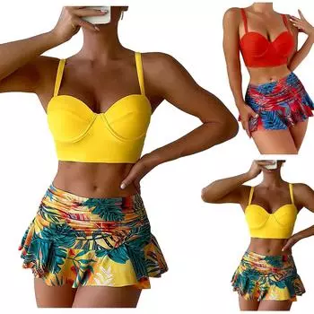 Женская отдельная сексуальная плиссированная юбка на шнурке с подвеской на шее, бикини с накладкой на грудь, купальник без стальных кронштейнов M красный