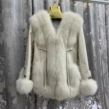 Женская овечья кожа, роскошная куртка с лисьим мехом, женское зимнее пальто с наполнителем из гусиного пуха, теплое пальто из натуральной кожи XL
