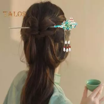 Женская палочка для волос в китайском винтажном стиле с кисточкой из нержавеющей стали, декоративные аксессуары для костюма Ханфу, аксессуары для головы, палочки для еды, держатель для булочки для волос зелёный