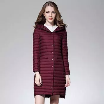 Женская парка, длинная куртка на белом утином пуху, женские ультралегкие стеганые куртки с капюшоном, зимнее длинное пальто, модные однотонные парки S