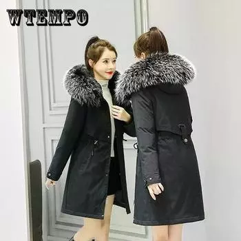 Женская парка с меховой подкладкой и капюшоном, женское зимнее пальто, толстая теплая куртка, женская ватная куртка с меховым воротником M бежевый