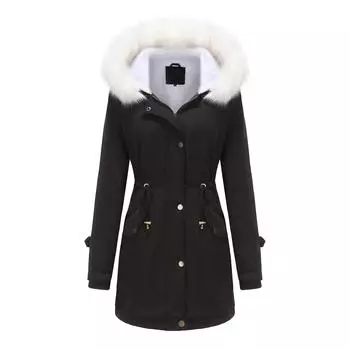 Женская парка в осенне-зимнем стиле со съемным меховым воротником, длинными рукавами, европейский и американский стиль, хлопковое пальто с капюшоном, флисовое пальто S чёрный