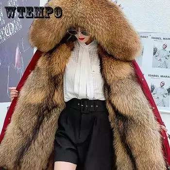 Женская парка, зимняя стильная куртка, длинная уличная одежда, пальто из русского искусственного лисьего меха с воротником из натурального меха енота, толстое теплое пальто с капюшоном