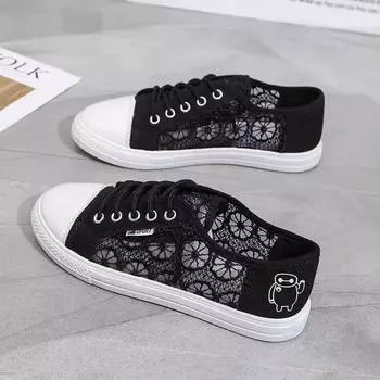 Женская парусиновая обувь, маленькие белые туфли, кружевные дышащие новые летние студенческие сетчатые повседневные туфли на шнуровке, черные туфли на плоской подошве, спортивная обувь 40