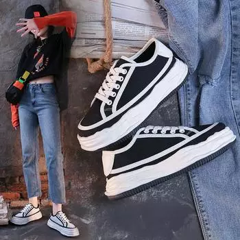 Женская парусиновая обувь, модная весна и осень, универсальная дышащая студенческая обувь на толстой подошве 35 белый