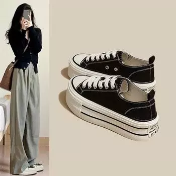 Женская парусиновая обувь на толстой подошве, новая повседневная обувь, увеличивающие рост низкие кеды с круглым носком на шнуровке, белые туфли 35 чёрный