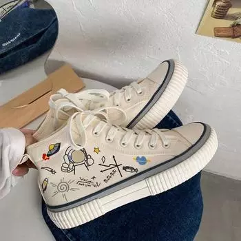Женская парусиновая обувь с мультяшным принтом астронавта, новые высокие универсальные женские кроссовки на шнуровке, уличная вулканизированная обувь на плоской подошве для отдыха 36 бежевый