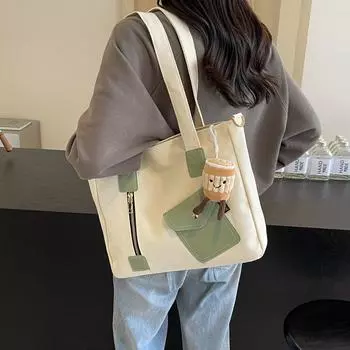 Женская парусиновая сумка Студенческая большая сумка Большая вместительная женская сумка через плечо с цветными блоками Сумка через плечо хаки