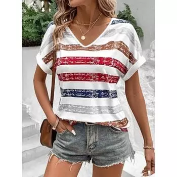 Женская патриотическая футболка с V-образным вырезом, в полоску, красного, белого и синего цветов, с коротким рукавом, повседневная летняя футболка, удобная, свободная посадка, на каждый день S
