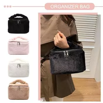 Женская переносная косметичка с ручкой, плюшевая косметичка, большая вместимость, симпатичный несессер для туалетных принадлежностей, дорожная сумка для душа и ванной чёрный