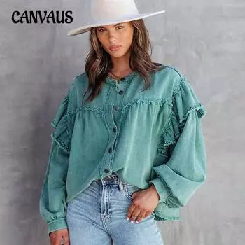 Женская персонализированная уличная джинсовая куртка с рюшами и рукавами-фонариками больших размеров, потертая цветная джинсовая куртка с необработанными краями S зелёный