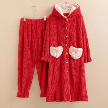 Женская пижама больших размеров для осени и зимы, фланелевая пижама из 2 предметов, симпатичная пижама с капюшоном и штанами, теплая повседневная домашняя одежда 4XL красный