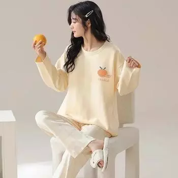 Женская пижама больших размеров Spring Cloud Cotton с длинными рукавами, брюки, которые можно носить поверх студенческой домашней одежды, комплект из двух предметов оранжевого цвета M