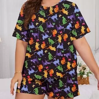 Женская пижама большого размера, летняя, повседневная, свободная, с короткими рукавами, с принтом бабочки 1XL