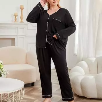 Женская пижама, черный топ с длинным рукавом и штаны, пижамный комплект из 2 предметов, женская свободная повседневная домашняя одежда, повседневная одежда XL чёрный