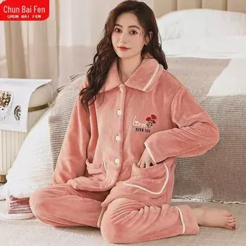 «Женская пижама Chunbaifen из плотного кораллового флиса — осенне-зимняя фланелевая пижама большого размера для людей среднего и пожилого возраста» 2XL