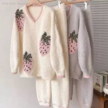 Женская пижама цвета клубники из 2 предметов, милая пижама в стиле принцессы, теплая пижама из полуфланелевой ткани, осенне-зимняя новая домашняя одежда One Size бежевый