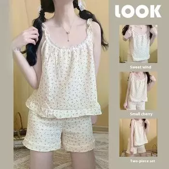 Женская пижама для дома, женская тонкая безрукавка на подтяжках, весна-лето, корейский цветочный милый комплект пижамы для дома M розовый