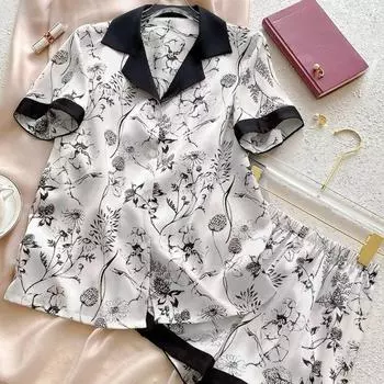 Женская пижама для отдыха в китайском стиле с рисунком тушью и мытьем, классическая летняя домашняя ночная рубашка с цветочным принтом, новая домашняя одежда для сна L чёрный