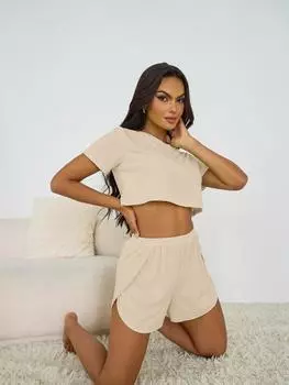 «Женская пижама для пересечения границ»: «Pit Stripe, круглый вырез, короткий рукав, эластичный пояс и шорты с разрезами» L абрикосовый