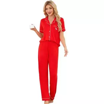 Женская пижама для сна, модальная, с короткими рукавами, на пуговицах, рубашки, длинные брюки, комплект из 2 предметов, пижамы красного цвета для дома, повседневная одежда для сна S красный