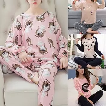 Женская пижама, домашняя одежда, комплект из длинных рукавов и брюк, пижама Ms. Осенняя простая корейская мультяшная свободная домашняя одежда большого размера M белый/розовый