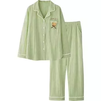 Женская пижама Домашняя одежда Простые повседневные брюки с длинными рукавами Пижамный комплект Однотонный кардиган с рисунком медведя Одежда для сна Одежда для отдыха M зелёный