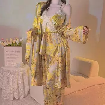 Женская пижама, домашняя одежда, топы из кружева с принтом и накладками на грудь, 3-х предметные куртки, верхняя одежда, длинные пижамы, женские пижамы M