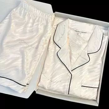 Женская пижама Ice Silk Girl Домашняя одежда Кардиган Цветочный Милый комплект из 2 предметов Дамские шорты с коротким рукавом Студенческая пижама Ночная одежда M белый