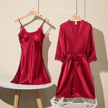 Женская пижама Ice Silk, комплект из двух предметов с нагрудной подкладкой, сексуальной ночной рубашкой и халатом - весна и осень M тёмно-синий