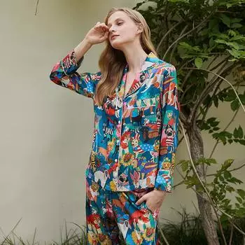 Женская пижама Ice Silk весна-осень новый длинный рукав принтованный кардиган повседневный комплект домашней одежды S