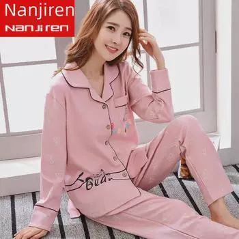 Женская пижама из 100% хлопка - длинный рукав, легкий домашний костюм для весны и осени M (80-105 jin)