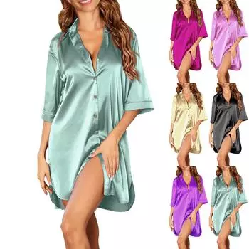 Женская пижама из атласа Ice Silk, однотонная, на пуговицах, с коротким рукавом и вырезом на шее, ночная рубашка L