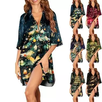 Женская пижама из атласа Ice Silk с рождественским принтом на пуговицах, ночная рубашка с коротким рукавом и вырезом-вырезом XXL золотой