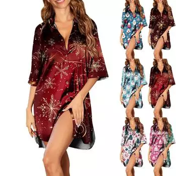 Женская пижама из атласа Ice Silk с рождественским принтом на пуговицах, ночная рубашка с коротким рукавом и вырезом-вырезом XL красный
