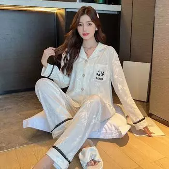 Женская пижама из бамбукового флиса с рисунком панды в китайском стиле, элегантная, с милым принтом, новый комплект для дома на осень-зиму M зелёный