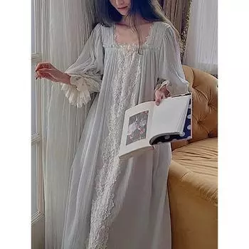 Женская пижама из чистого хлопка «Французская фея», ночная рубашка, ретро-принцесса, свободная пижама с длинными рукавами на весну и осень S синий