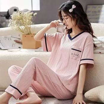 Женская пижама из чистого хлопка, летние длинные брюки с короткими рукавами, комплект из двух частей, свободный, можно носить снаружи для женщин в домашней одежде M