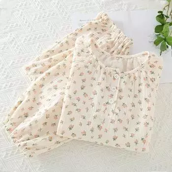 Женская пижама из чистого хлопка, женские брюки с длинными рукавами и круглым вырезом, свободная домашняя одежда с мелким цветочным принтом, детский комплект хлопковой одежды для сна M
