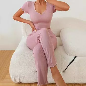 Женская пижама из двух частей для весны и лета, длинные брюки, короткий рукав, модная домашняя одежда, однотонная, в полоску, эластичная, мягкая одежда для отдыха free43-67kg розовый