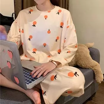 Женская пижама из двух частей с длинными рукавами, весна-осень-лето, корейская версия милого женского домашнего костюма 40-70kg белый