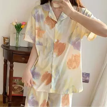 Женская пижама из двух частей с рисунком маслом Пижама Senior Sense для женщин с короткими рукавами, брюки, кардиган, домашняя одежда, летний тонкий костюм XL жёлтый