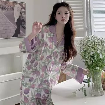 Женская пижама из двух частей, весна-осень-лето, шелковая пижама, женские брюки-тюльпан с длинными рукавами, кардиган, комплект домашней одежды M фиолетовый